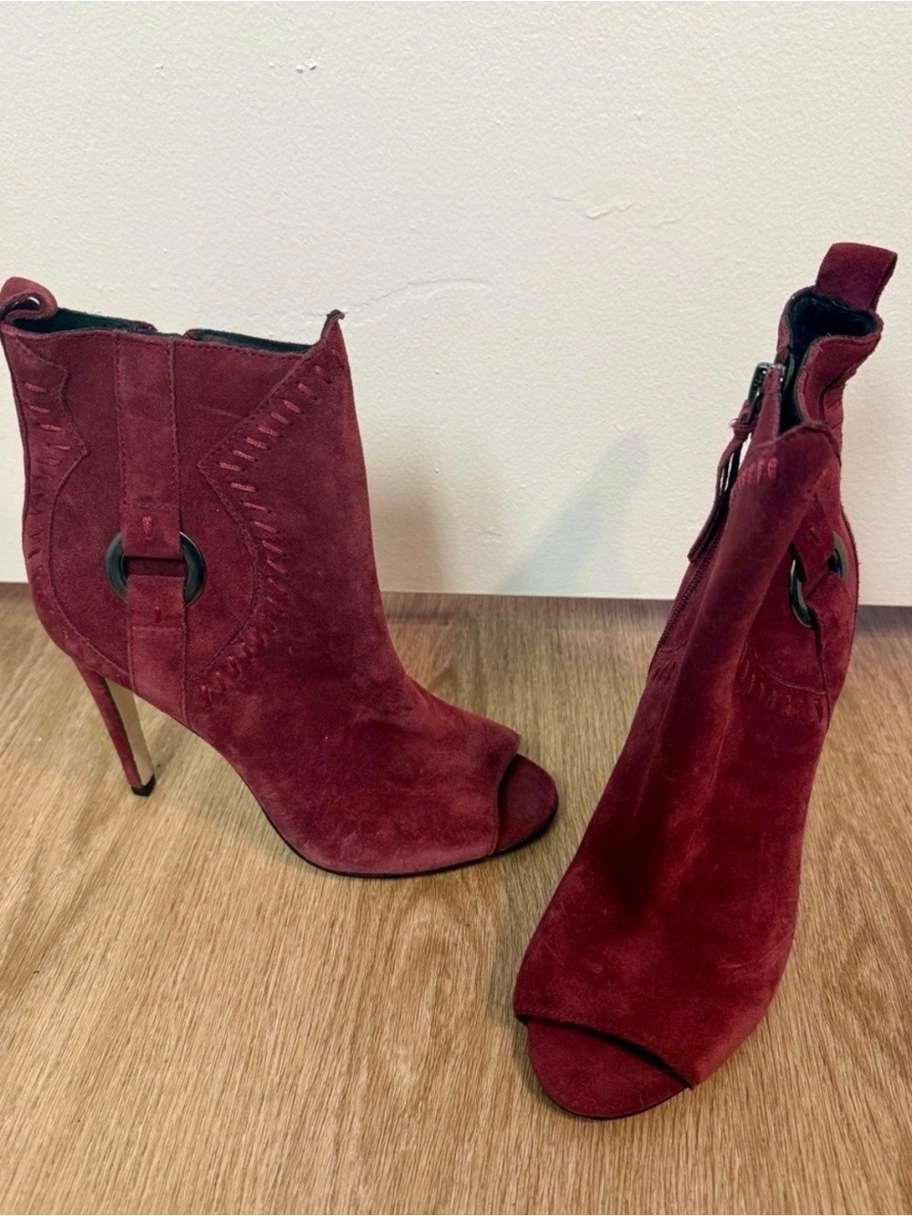 Brand New Rebecca Minkoff Burgundy Suede Peep-Toe Booties Size 7M